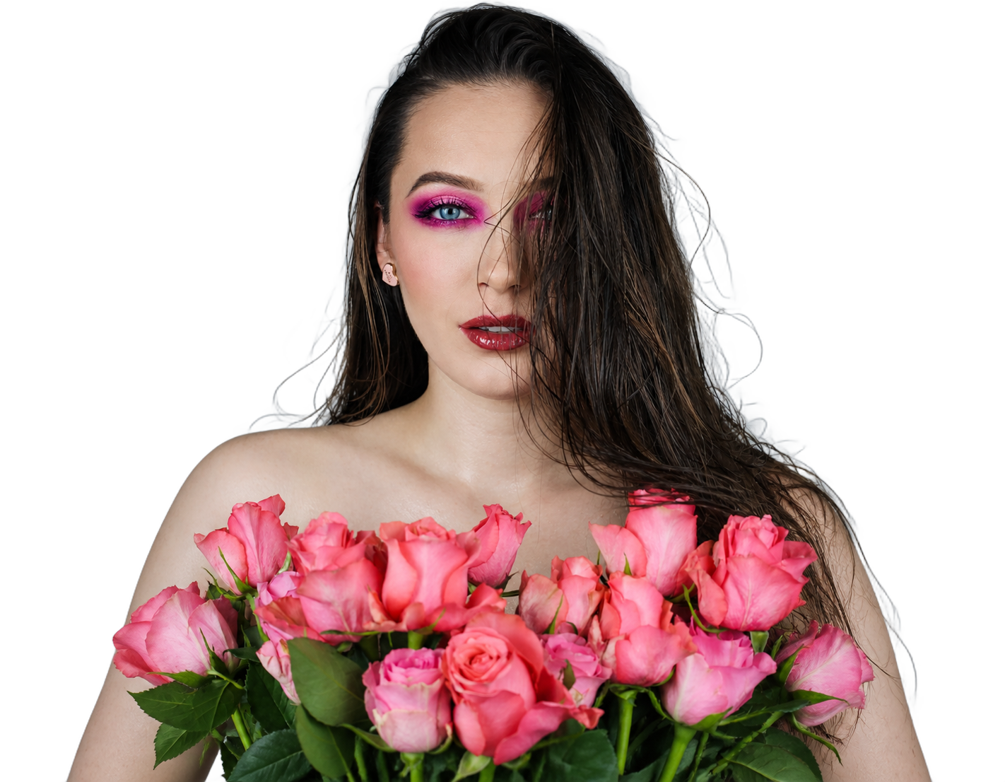 Annas Make-up-Arbeit mit pinkem Lidschatten und Rosen
